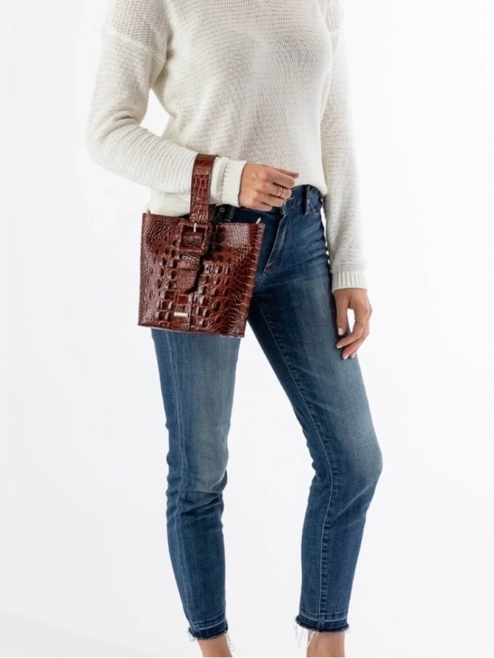 Brahmin Luxe Faith Crystal Buckle Bucket Bag Black Leather Crossbody